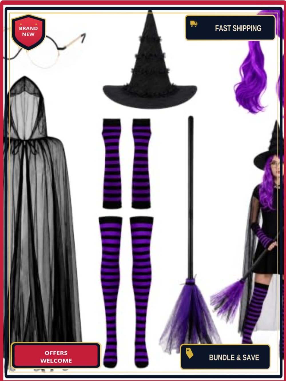 7Pc Halloween Witch Costume Set Striped Socks Wig Hat Cape Adult